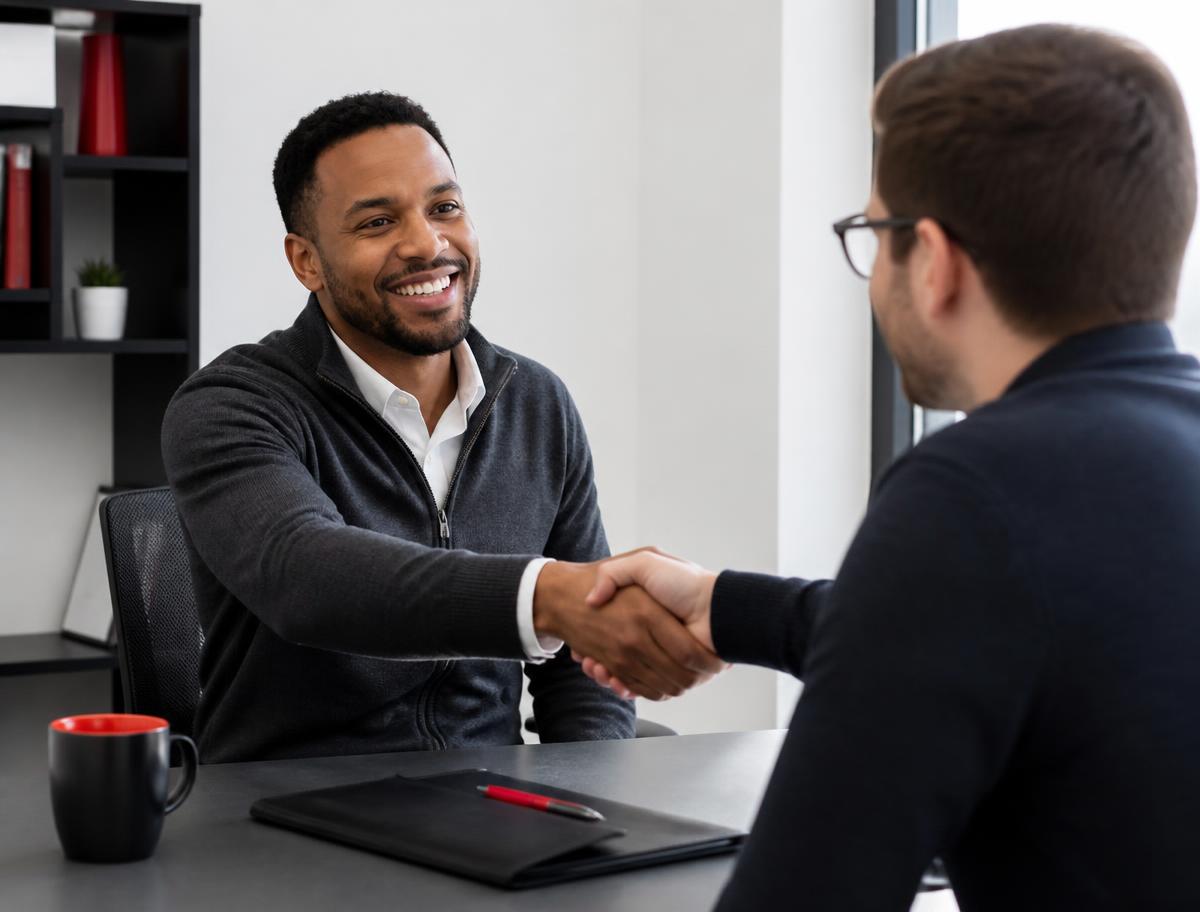 A NorthSide recruiter shaking hands with a candidate across a desk