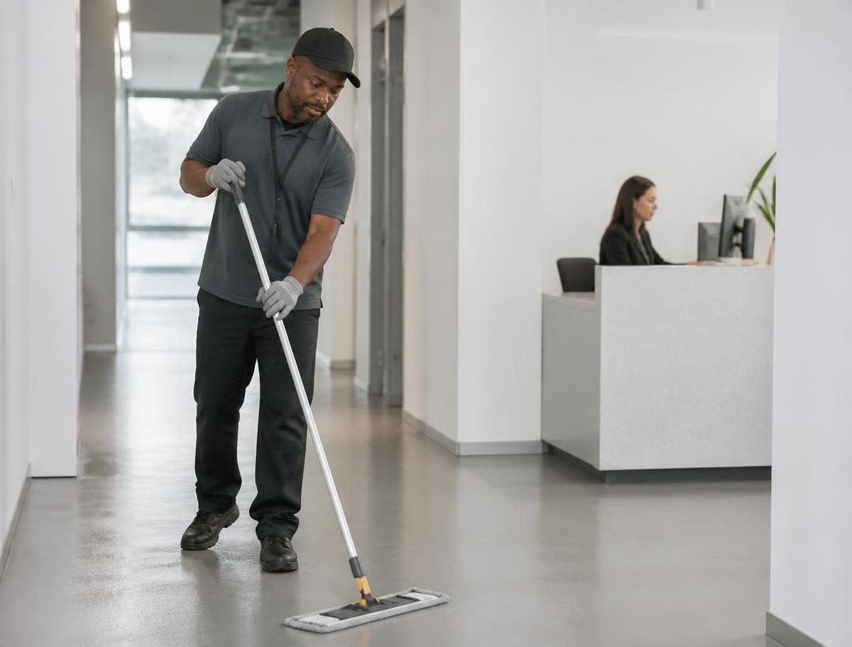 A facilities worker cleaning an office corridor while an administrative worker sits at a reception desk